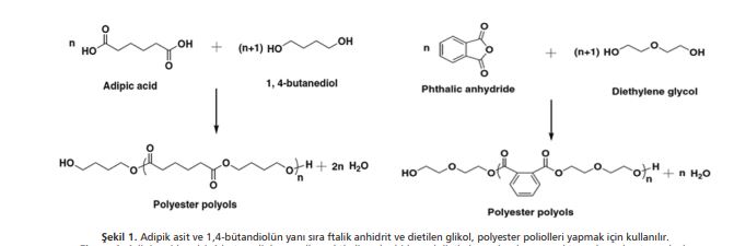  Adipik asit ve 1,4-bütandiolün yanı sıra ftalik anhidrit ve dietilen glikol, polyester poliolleri yapmak için kullanılır