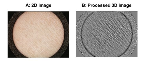 Images for roughness analysis obtained from SkinCam® acquisitions; A: 2D image; B: Processed 3D image.