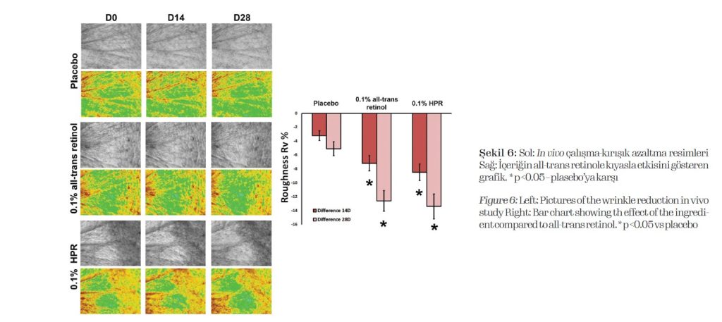 In vivo çalışma-kırışık azaltma resimleri
Sağ: İçeriğin all-trans retinole kıyasla etkisini gösteren
grafik. * p <0.05 – plasebo’ya karşı