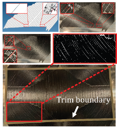 Tool path validation, (a) comparison ofCAD-Fiber tool path and laid portion,
(b) measurement of manufacturing
gaps, (c) close view of critical areas, (d)
gap area percentage measurement by
image process, (e) complete view of the
laid ply4.